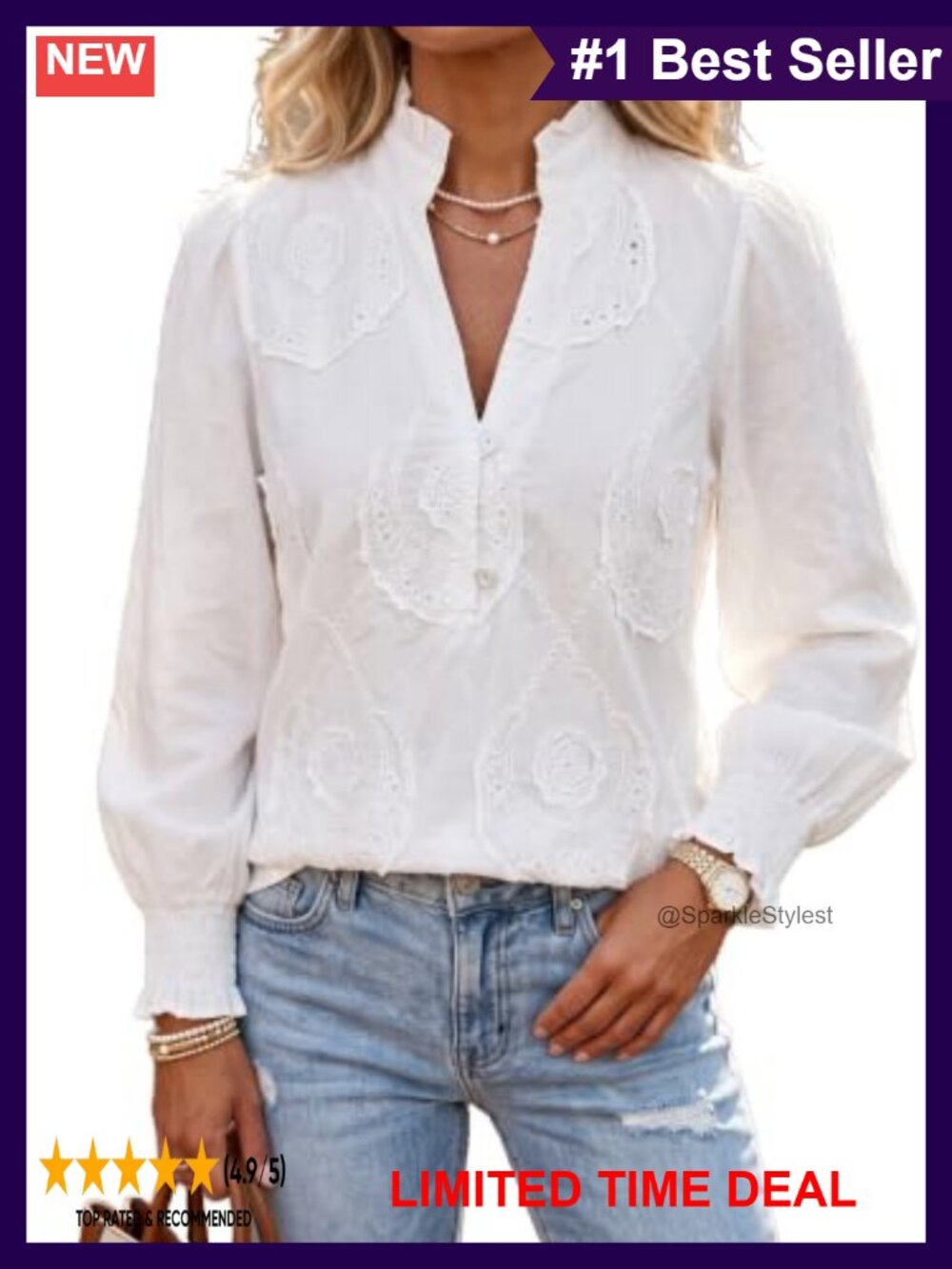 100% Cotton Embroidered Blouse Long Sleeve Ruffle Neck Top